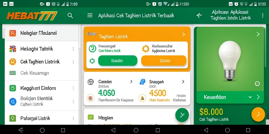Tampilan antarmuka aplikasi HEBAT777 yang menampilkan cek tagihan listrik yang jelas.
